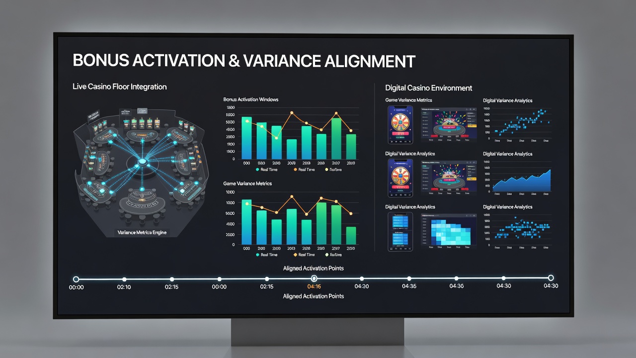 Digital dashboard displaying synchronized bonus windows and variance metrics for live and online tables