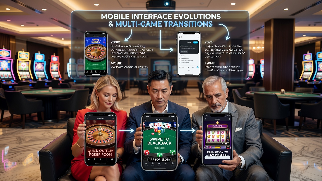 Evolution of mobile casino interfaces showing touch-optimized layouts and seamless game switching features