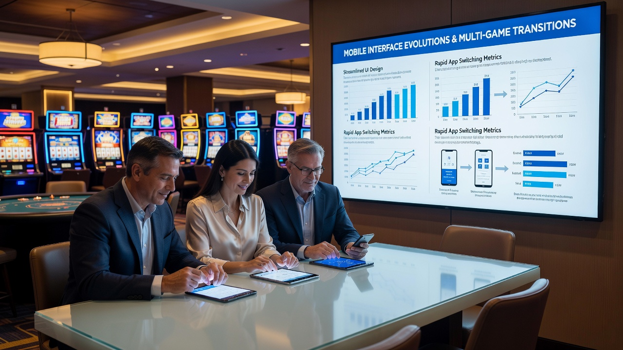 Casino visitors using mobile devices to transition between different game types with modern interface tools