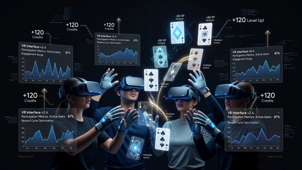 Virtual reality headset users engaging in a simulated multiplayer card table environment with adaptive reward overlays visible on screen
