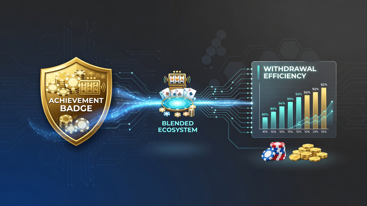 Diagram showing achievement badges connected to withdrawal processing timelines in slot and poker platforms