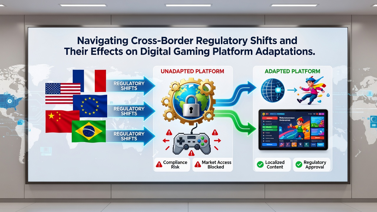 Gaming platform engineers reviewing cross-border compliance protocols on multiple screens