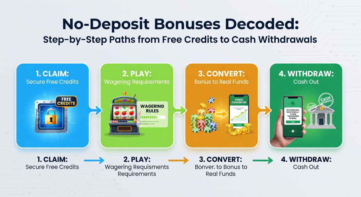 Digital graphic showing free casino credits transforming into cash winnings through a step-by-step funnel