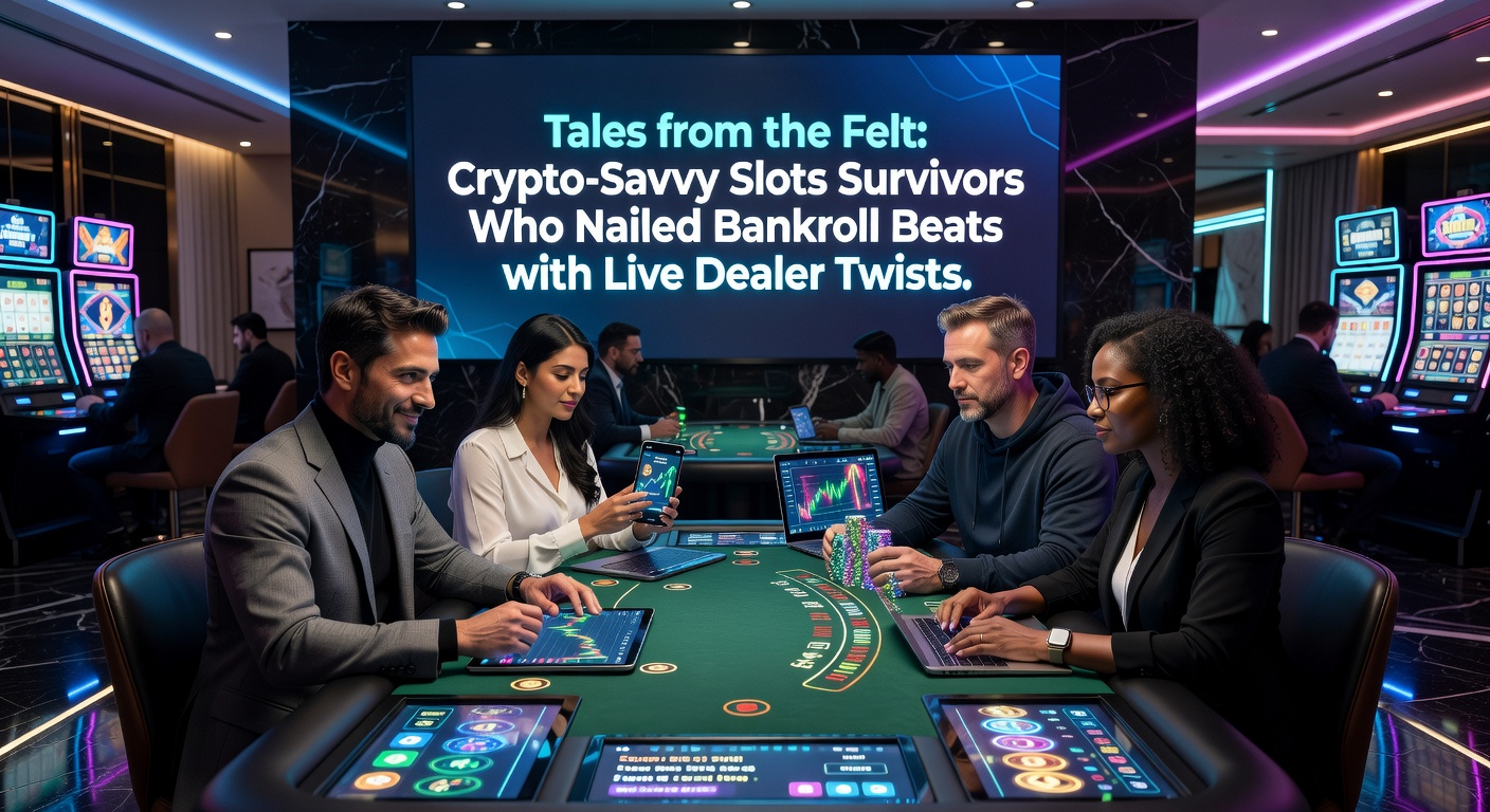 Live dealer hosting a crypto slots tournament, with players' bankrolls displayed on screens amid flashing lights and blockchain icons