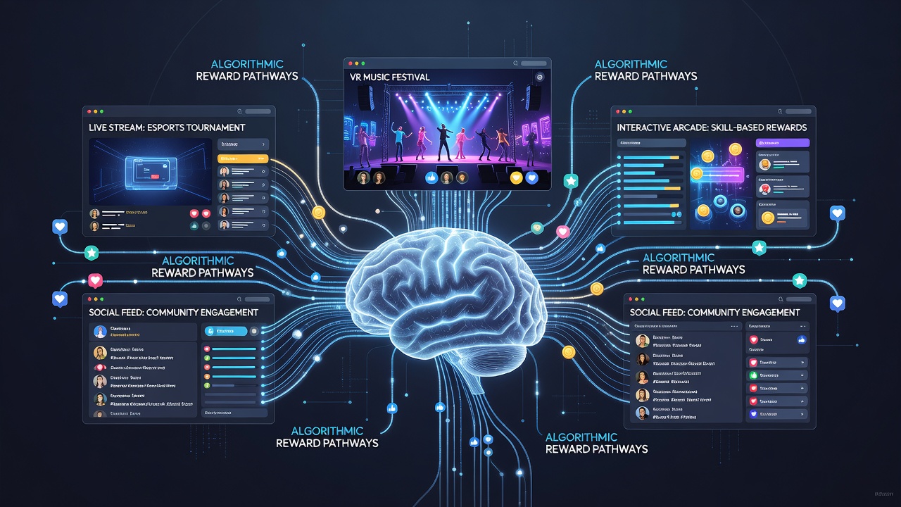 Visualization of multi-venue reward flow with algorithmic nodes connecting mobile, web, and live digital entertainment interfaces