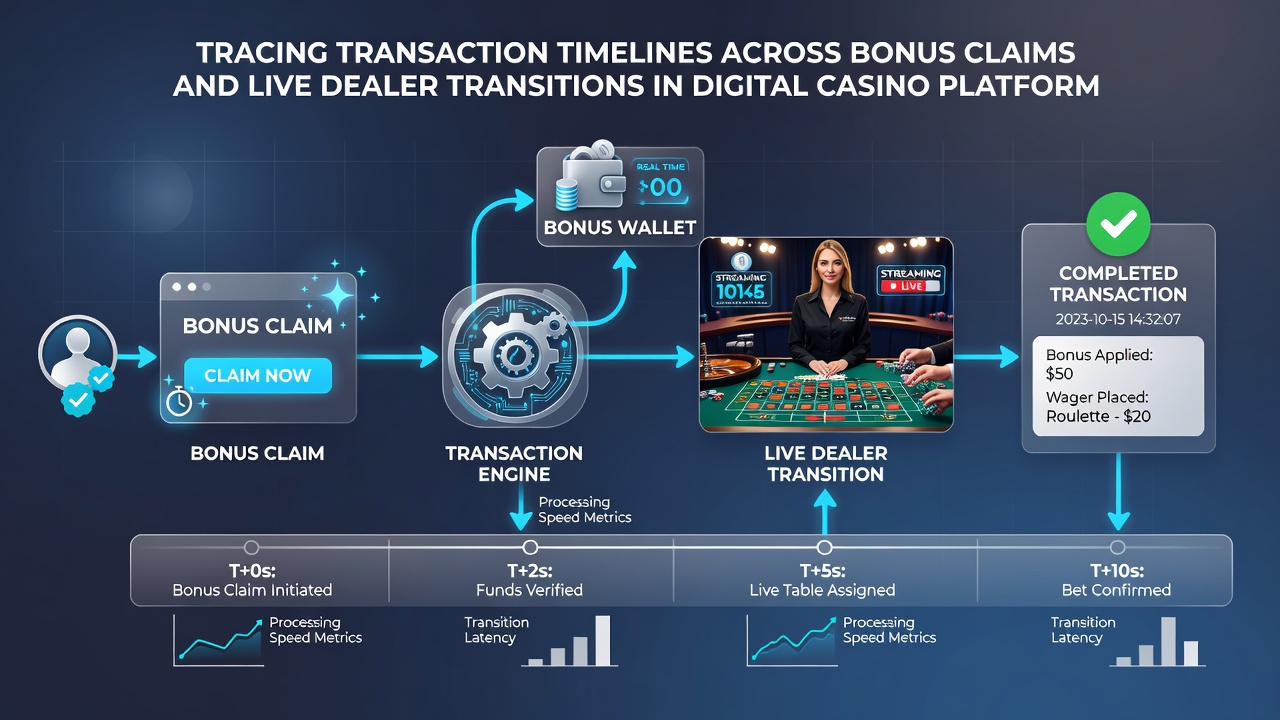 Timeline visualization of bonus funds moving into a live dealer session with timestamp markers