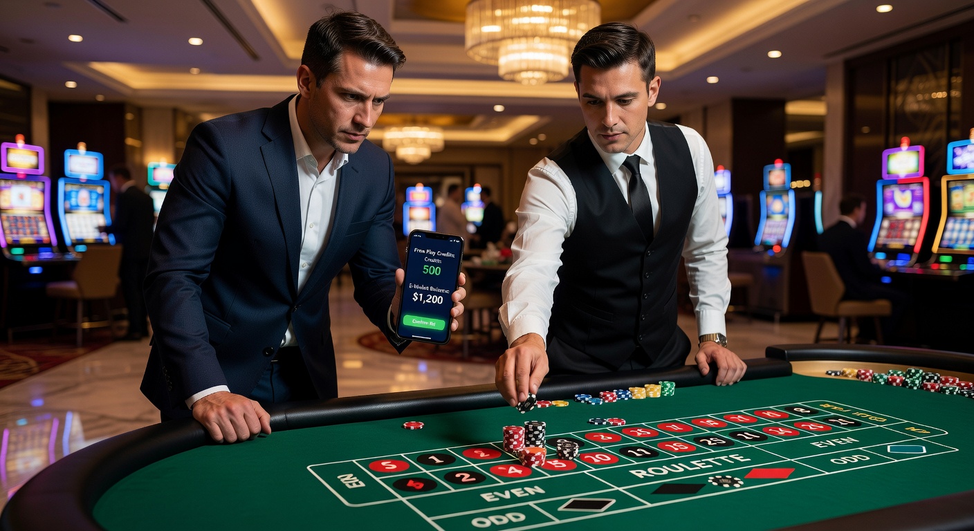 Close-up of a blackjack hand on a virtual table, with free play credits highlighted and an e-wallet notification popping up on a smartphone nearby